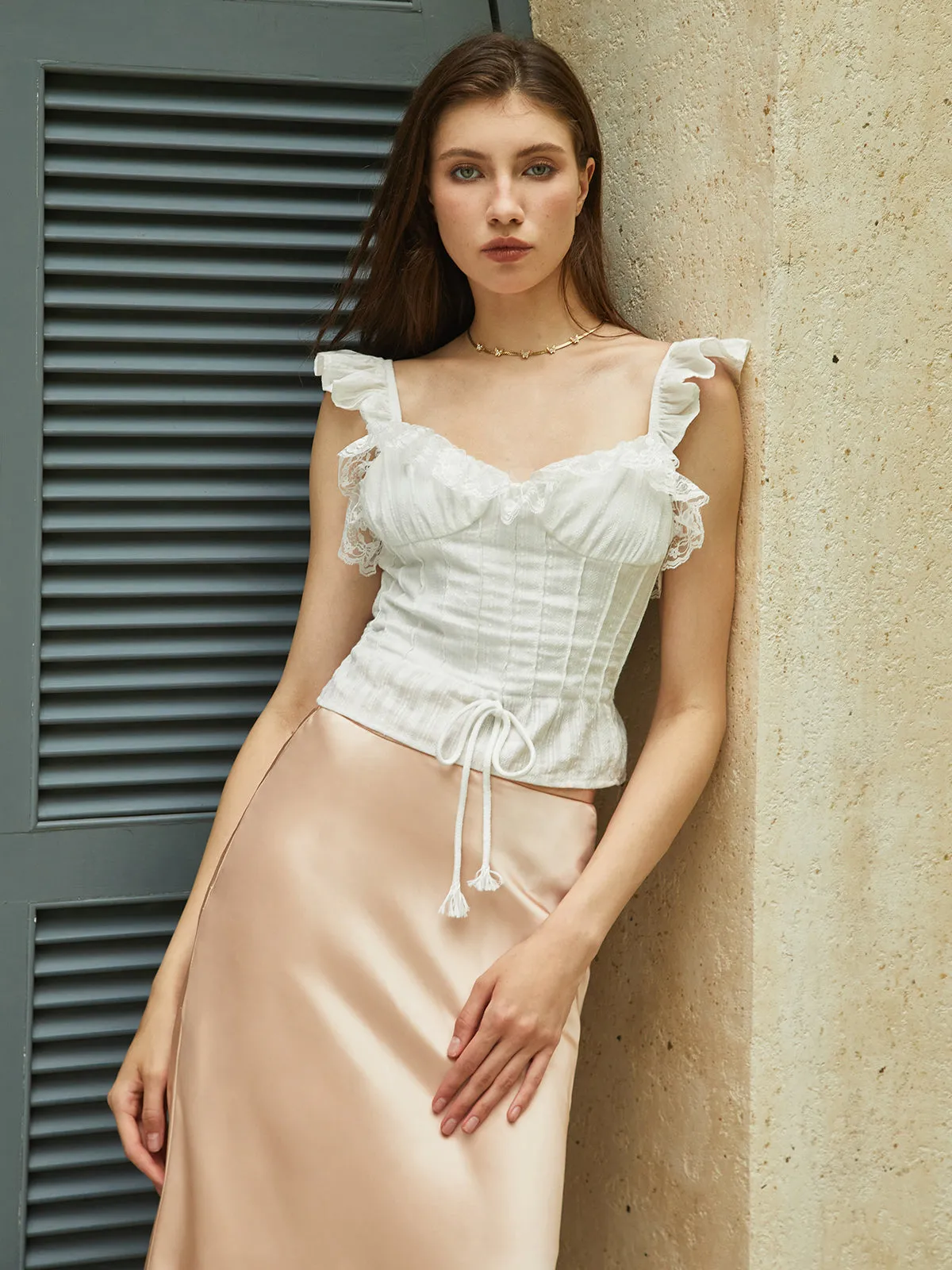 Lace Detail Ruffle Trim Cami Top sold by COMMENSE