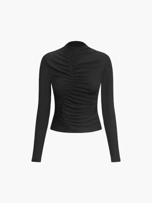 Asymmetric Ruched Mock Neck Long Sleeve Shirt sold by COMMENSE