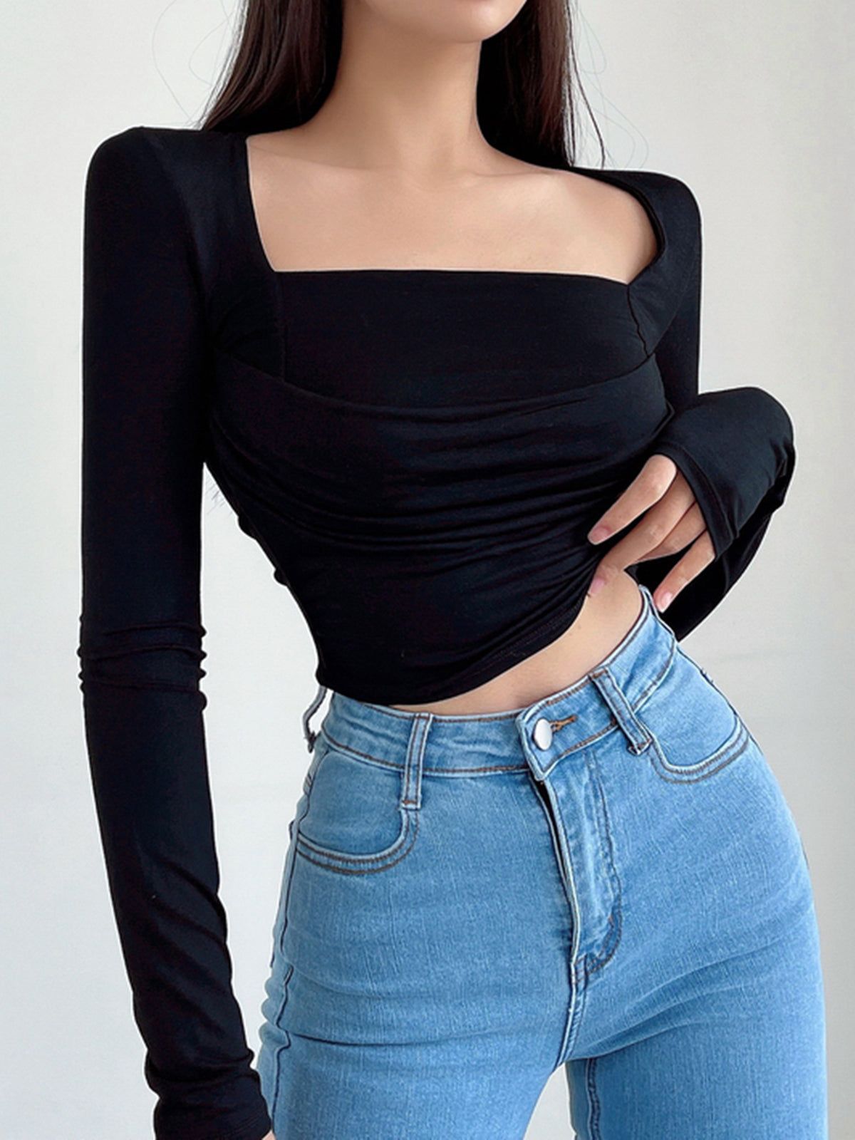 Square Neck Ruched Long Sleeve Crop Shirt sold by COMMENSE