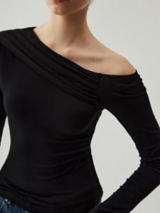 Asymmetrical Neck Ruched Long Sleeve Top sold by COMMENSE
