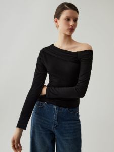Asymmetrical Neck Ruched Long Sleeve Top sold by COMMENSE