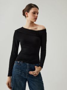 Asymmetrical Neck Ruched Long Sleeve Top sold by COMMENSE