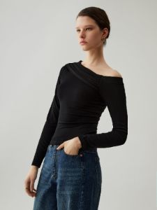 Asymmetrical Neck Ruched Long Sleeve Top sold by COMMENSE