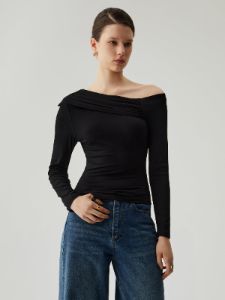 Asymmetrical Neck Ruched Long Sleeve Top sold by COMMENSE
