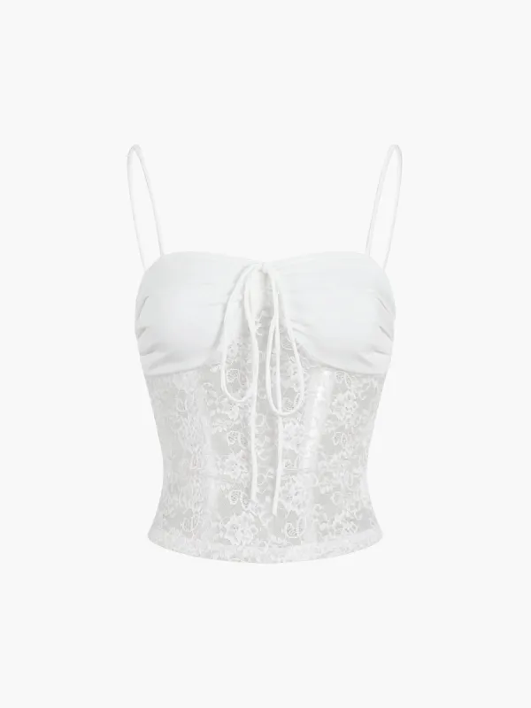 Sheer Lace Patchwork Tie Up Cami sold by COMMENSE