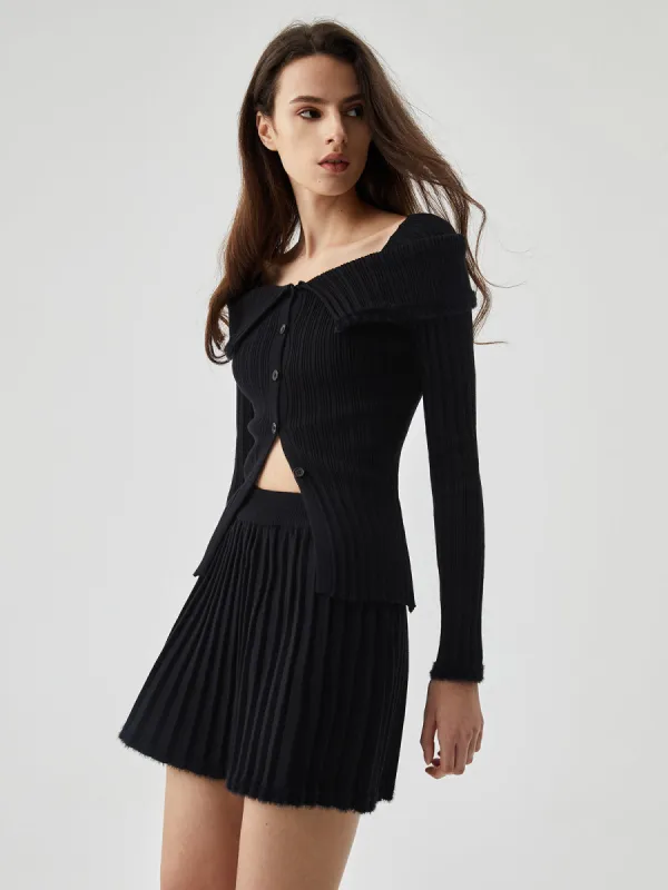 Overfold Button Pleated Two Piece Knit Skirt Set sold by COMMENSE