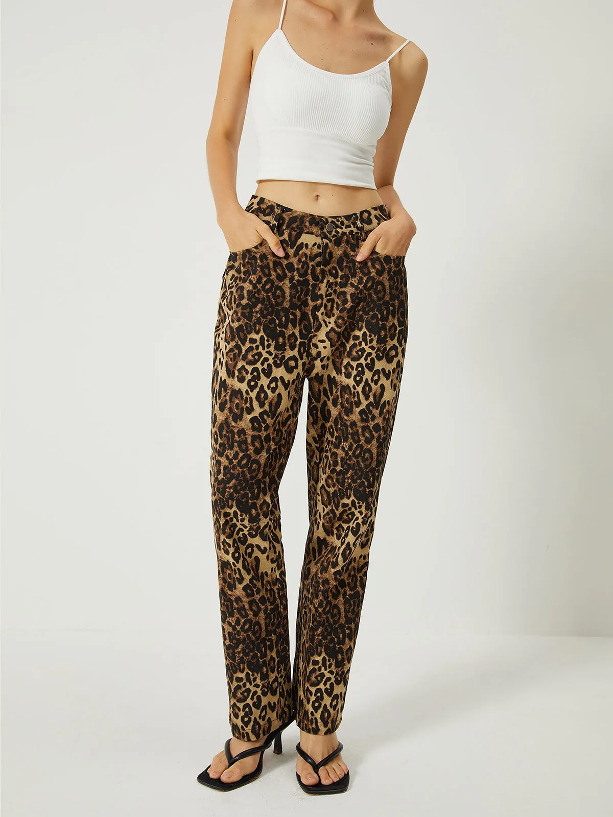Leopard Print Straight Leg Pants sold by COMMENSE
