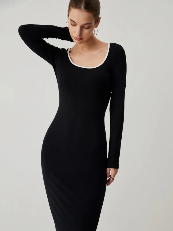 Crew Neck Contrast Trim Long Sleeve Knit Midi Dress made by COMMENSE