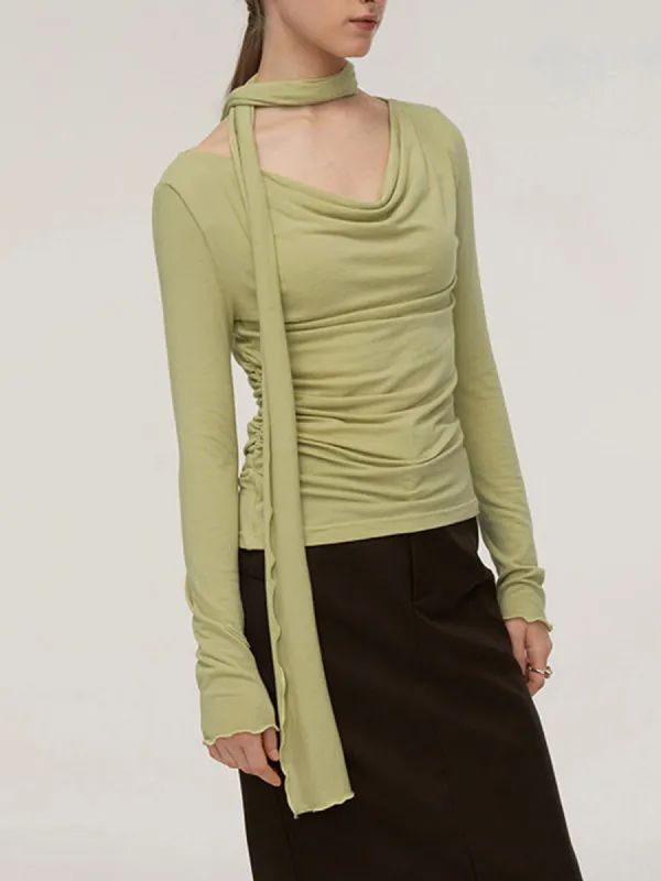 Solid Side Pleated Cowl Neck Shirt sold by COMMENSE