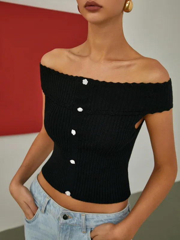 Basic Off-Shoulder Knit Top sold by COMMENSE