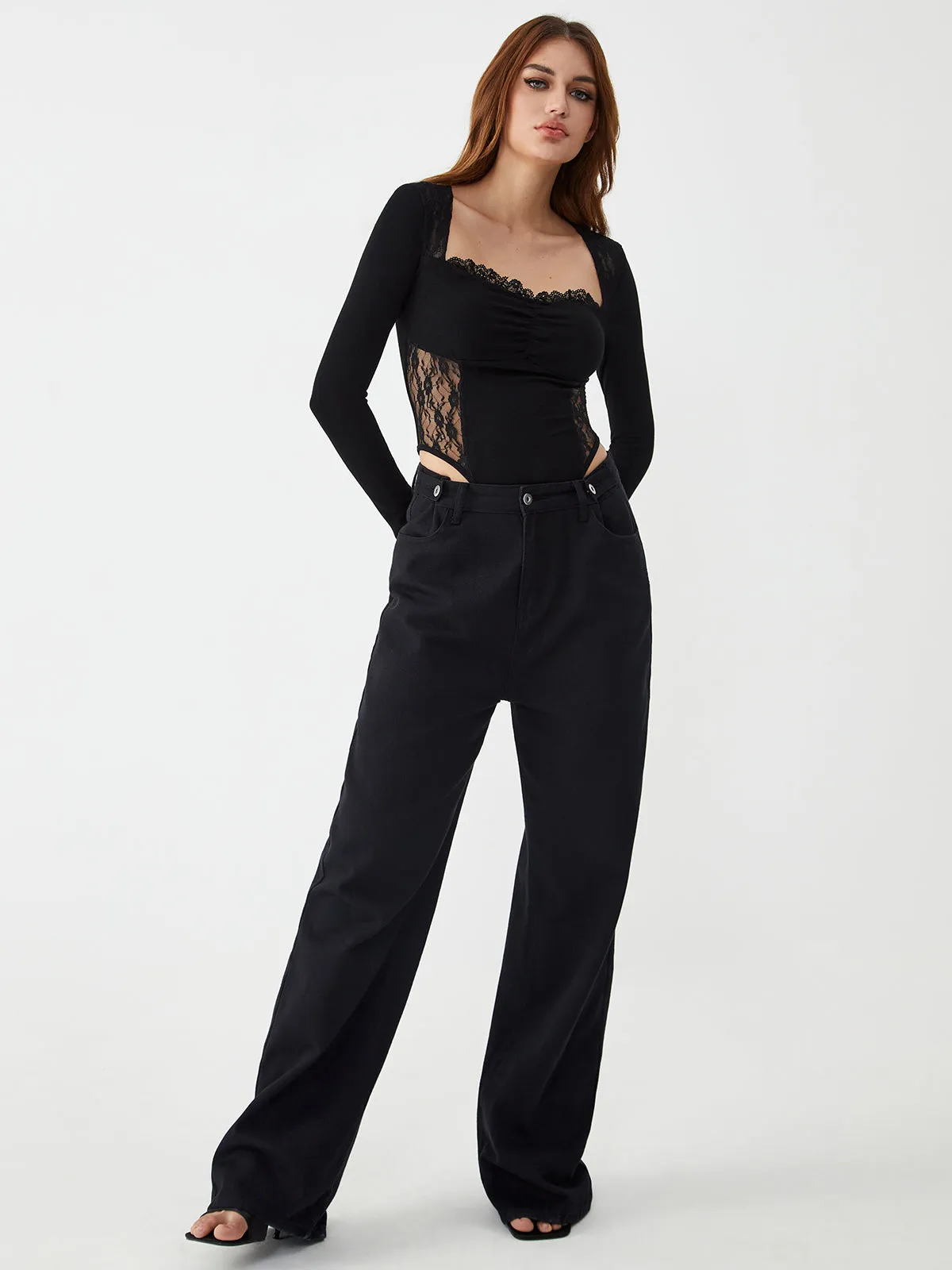 Sheer Patchwork Lace Long Sleeve Bodysuit sold by COMMENSE product image thumbnail 5