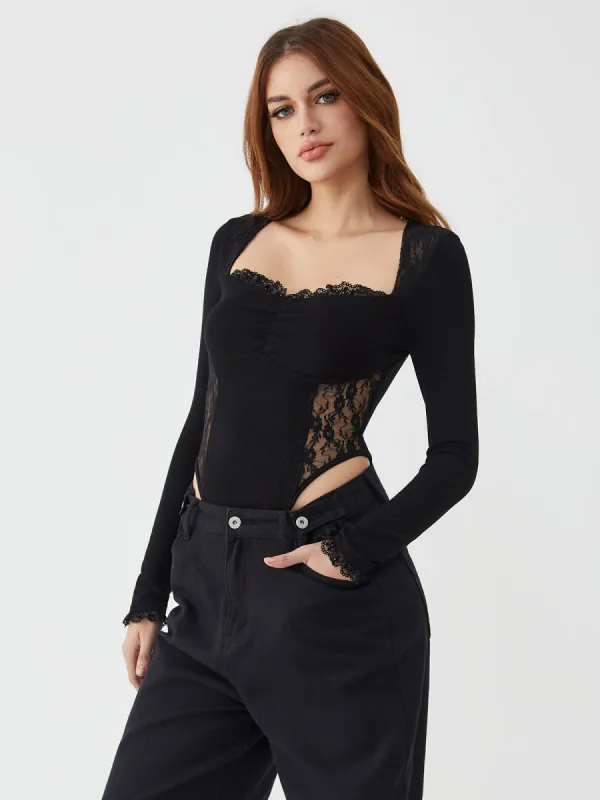 Sheer Patchwork Lace Long Sleeve Bodysuit sold by COMMENSE