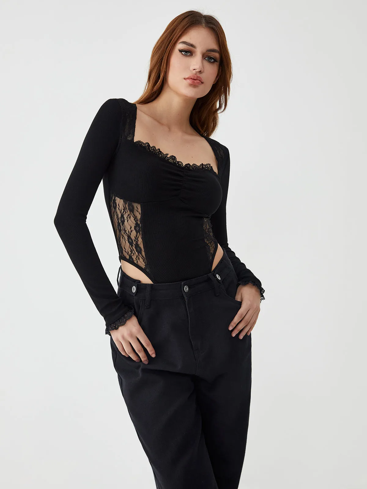Sheer Patchwork Lace Long Sleeve Bodysuit sold by COMMENSE product image thumbnail 4