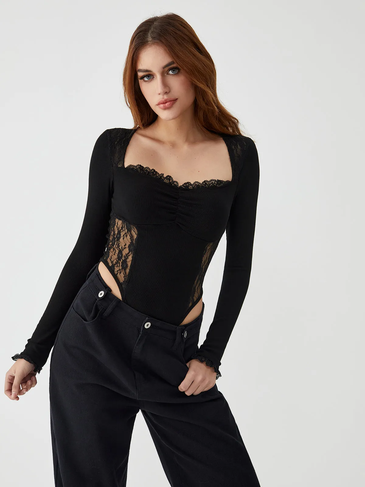 Sheer Patchwork Lace Long Sleeve Bodysuit sold by COMMENSE product image thumbnail 3
