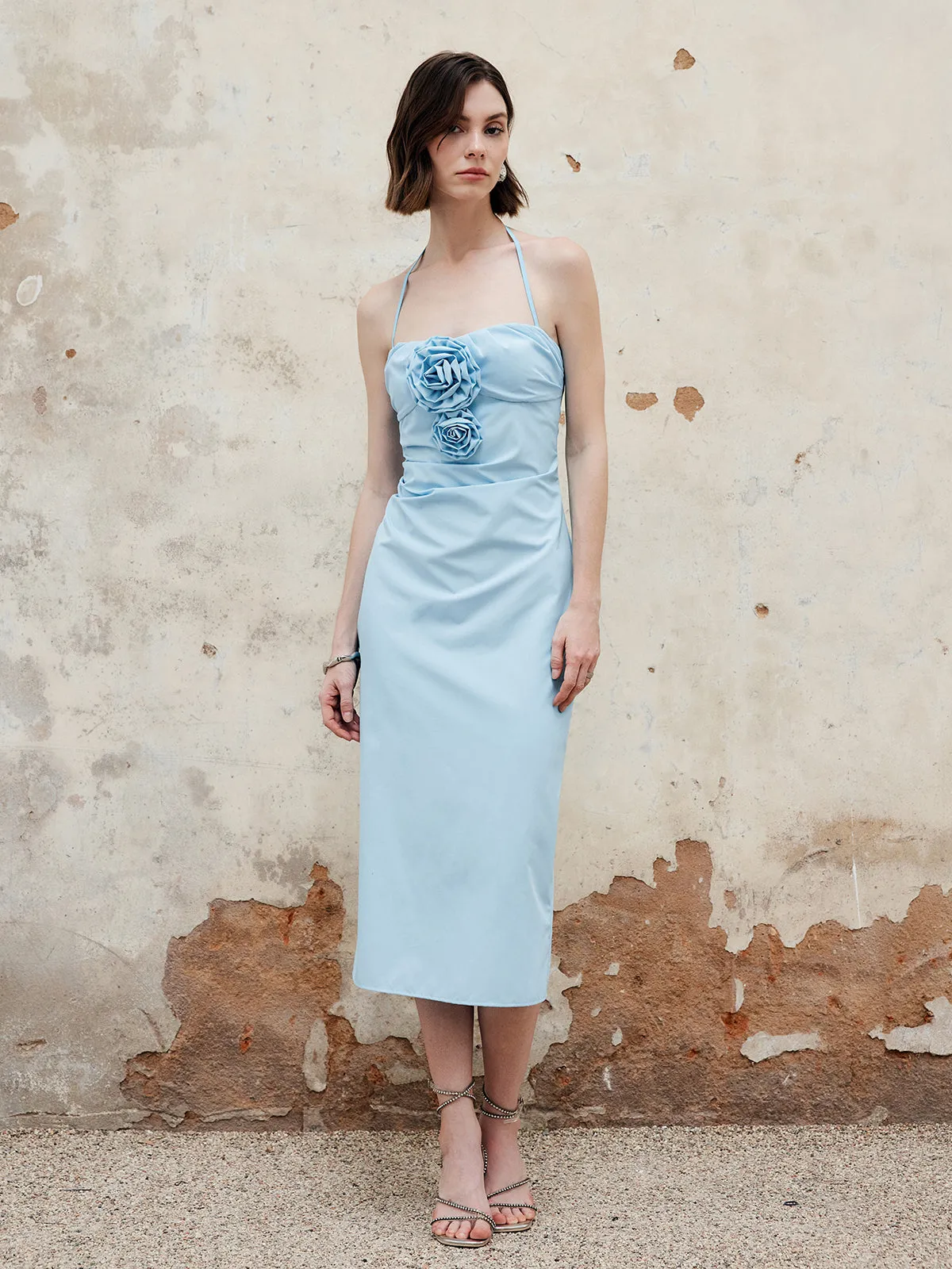 Halter Split Rosette Midi Dress sold by COMMENSE product image thumbnail 3