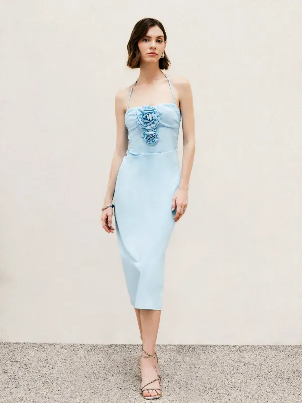 Halter Split Rosette Midi Dress sold by COMMENSE