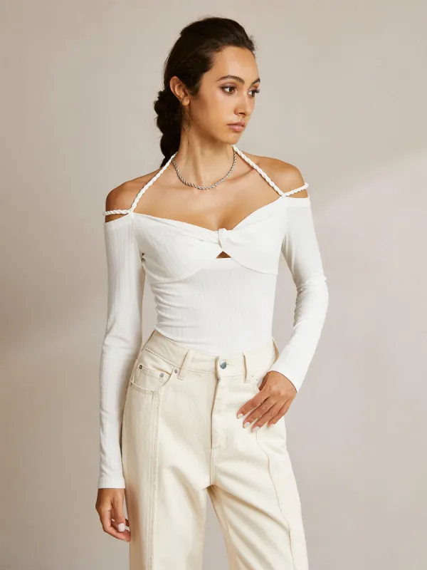 Off Shoulder Ribbed Knotted Halter Blouse sold by COMMENSE