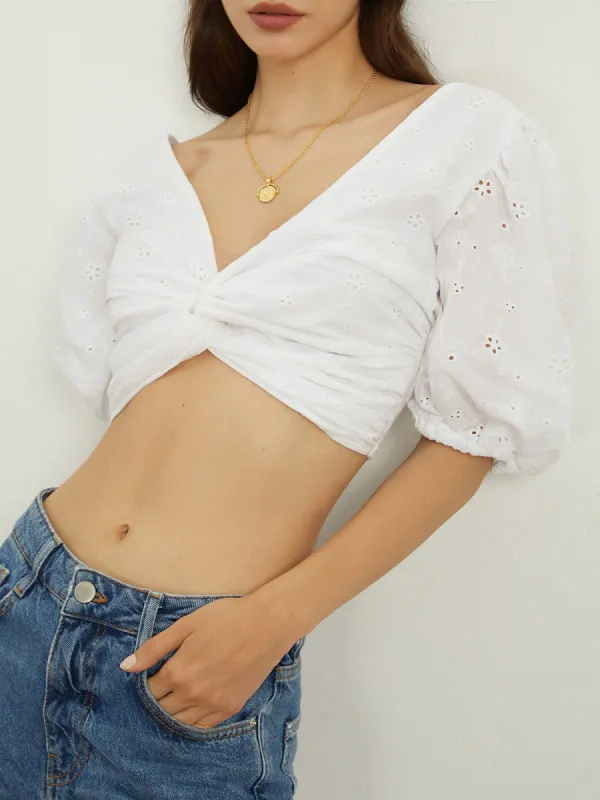 Cloud Eyelet Puff Sleeve Crop Blouse sold by COMMENSE