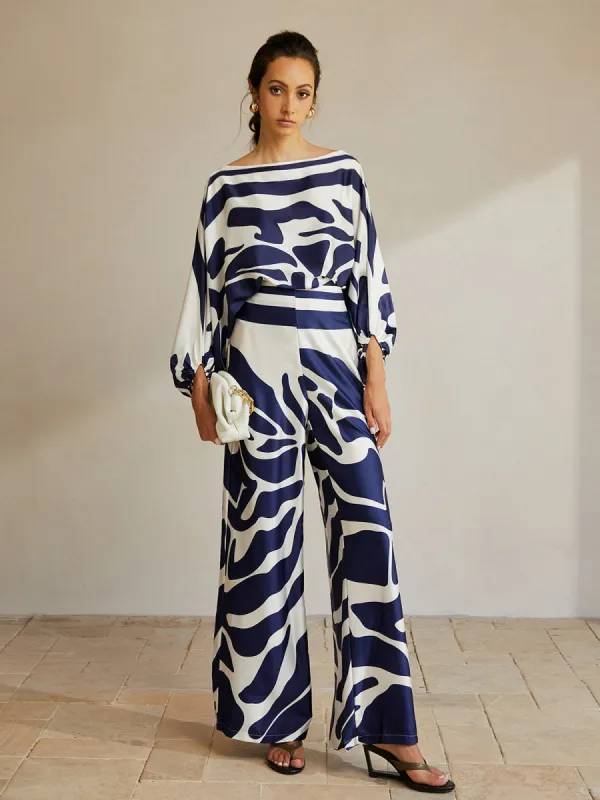 Printed Collarless Long Sleeve Satin Pants Set sold by COMMENSE