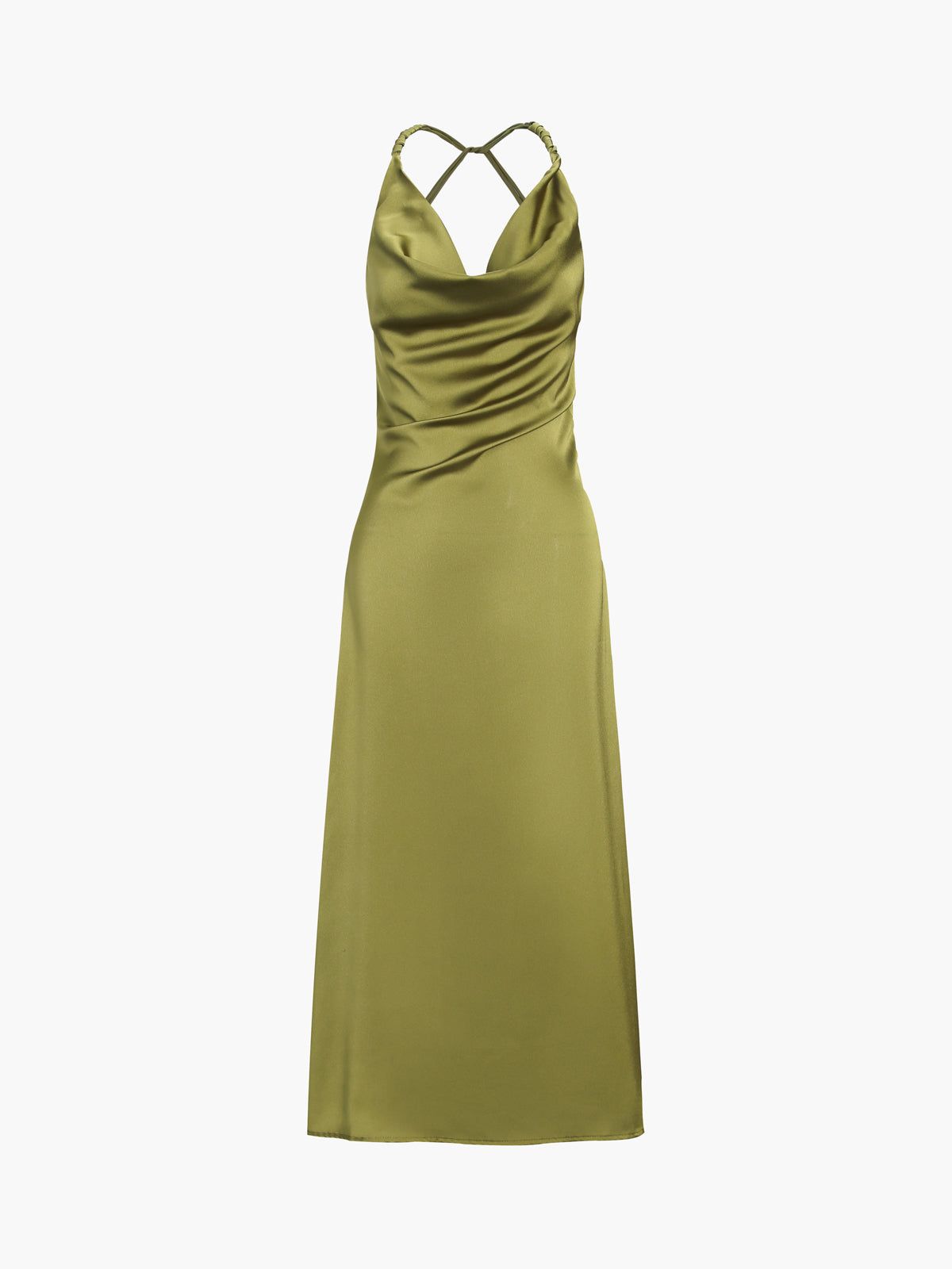 Vintage Love Satin Cowl Neck Open Back Midi Dress sold by COMMENSE