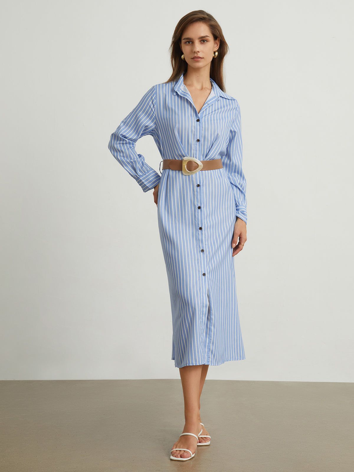Cotton Pinstripe Button Down Midi Dress sold by COMMENSE product image thumbnail 3