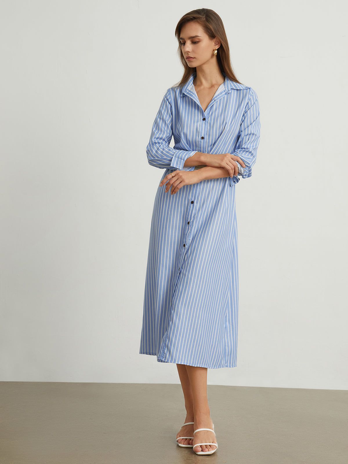 Cotton Pinstripe Button Down Midi Dress sold by COMMENSE product image thumbnail 4