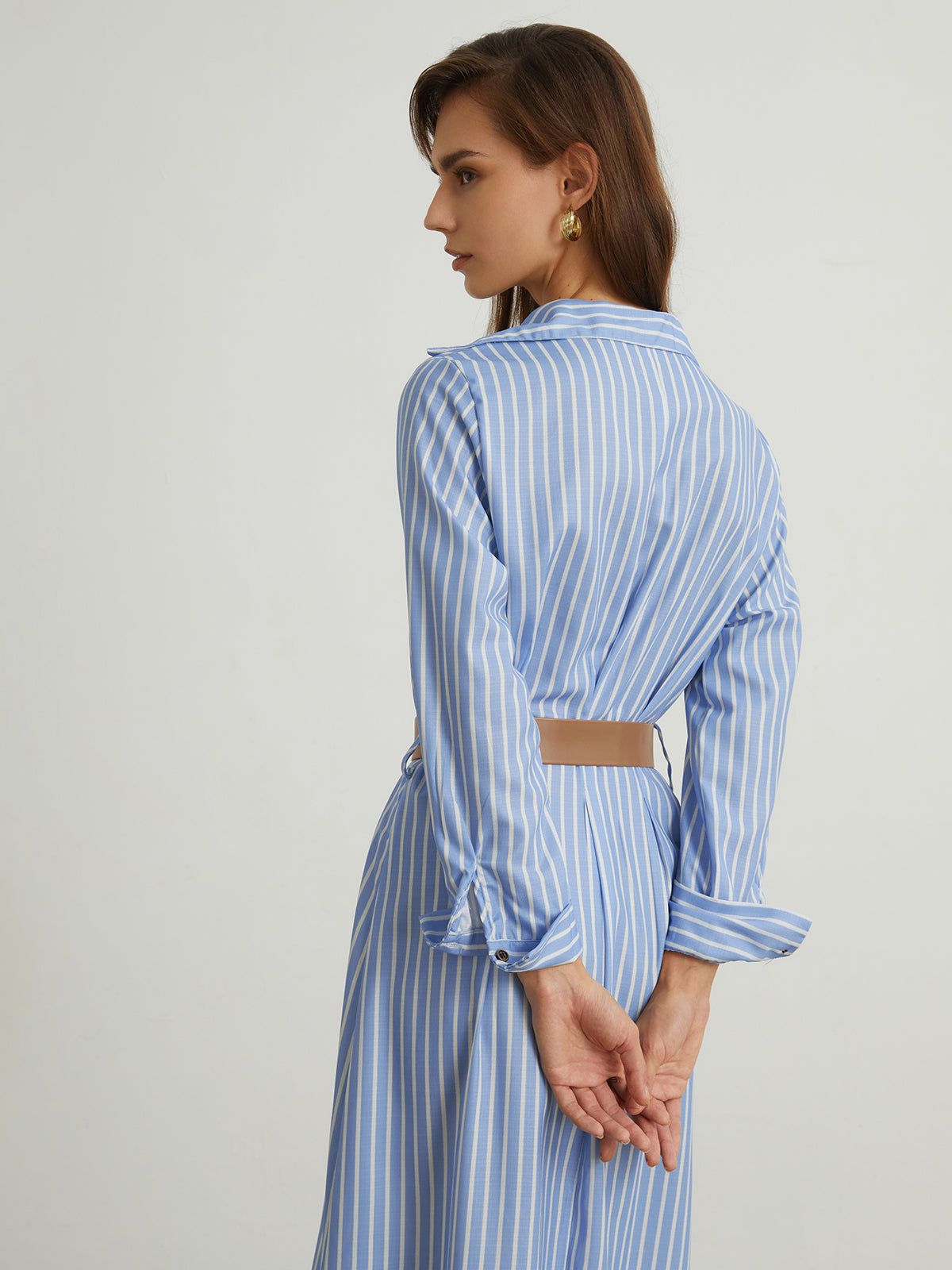 Cotton Pinstripe Button Down Midi Dress sold by COMMENSE product image thumbnail 5