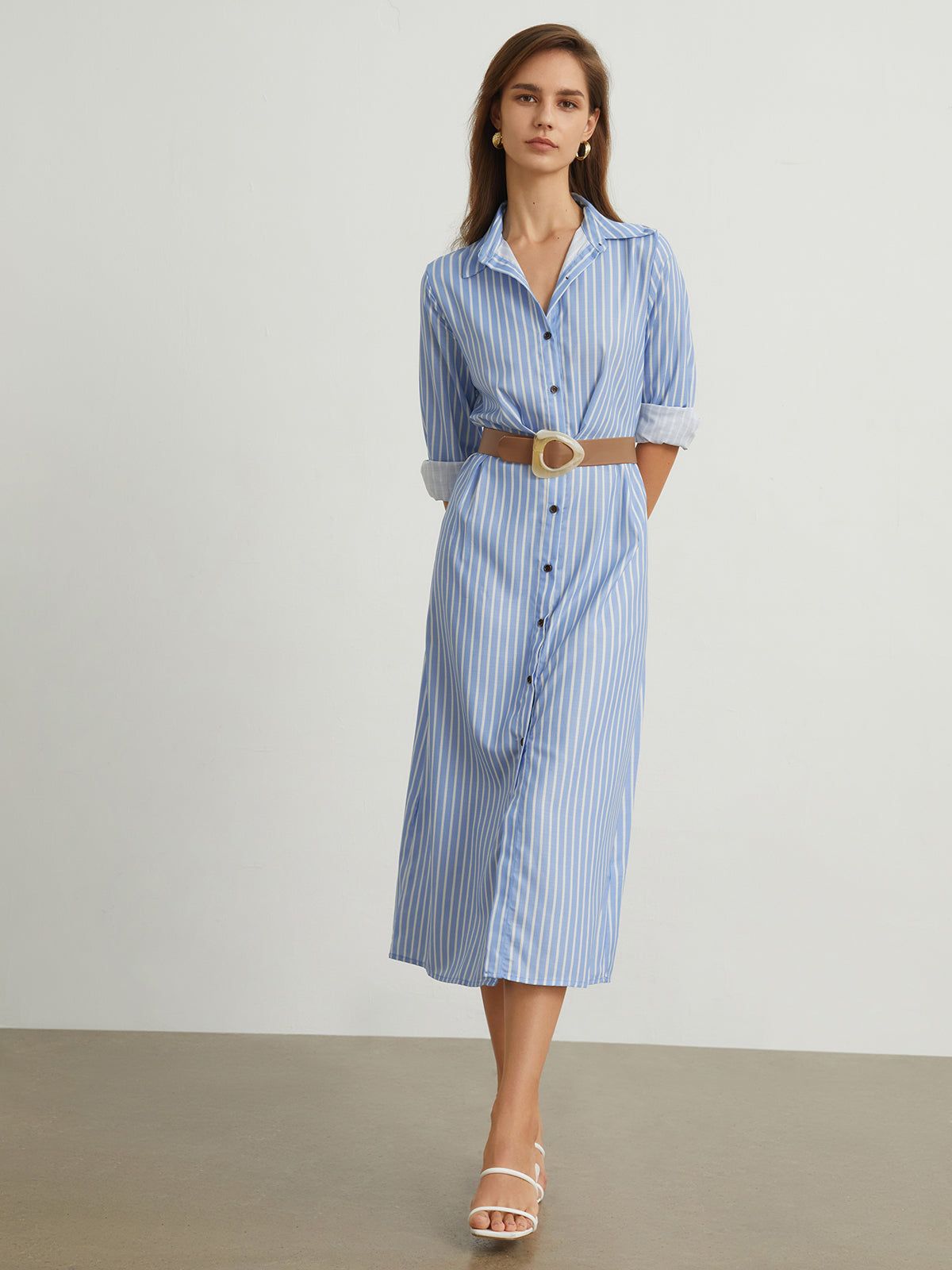Cotton Pinstripe Button Down Midi Dress sold by COMMENSE product image thumbnail 2
