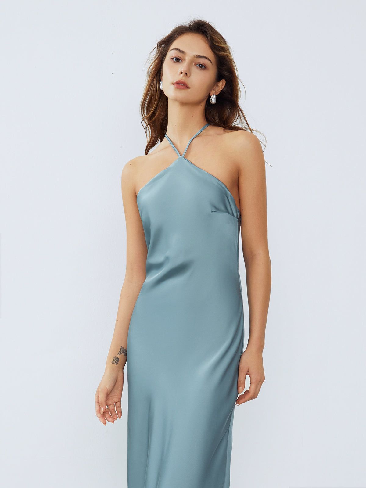 Open Back Criss Cross Strap Satin Long Dress sold by COMMENSE product image thumbnail 4