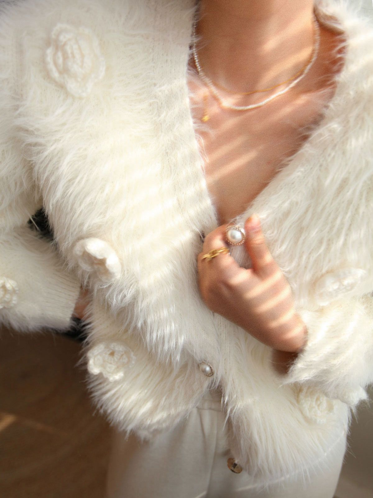 Floral Decor Fuzzy Button Cardigan sold by COMMENSE product image thumbnail 4