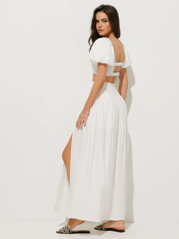 Puff Sleeve Crop Top With Split Thigh Skirt Set sold by COMMENSE