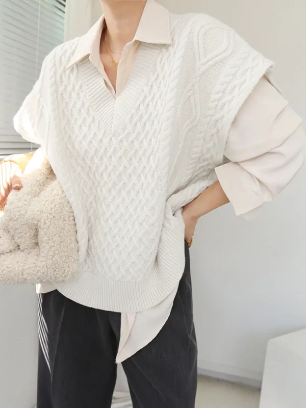 Collared Cable Knit Sweater Vest sold by COMMENSE