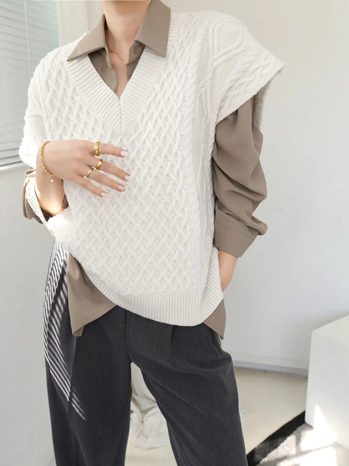 Collared Cable Knit Sweater Vest sold by COMMENSE product image thumbnail 5