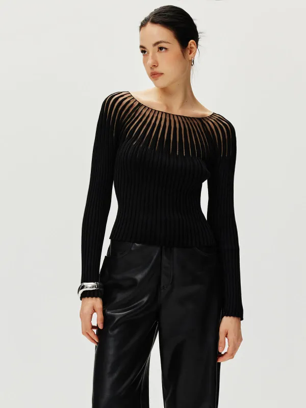 Ribbed Hollow Knit Sweater sold by COMMENSE