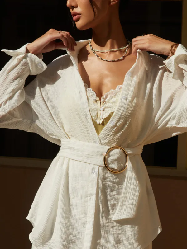 Oversized Metal Decor Belted Long Sleeve Shirt sold by COMMENSE