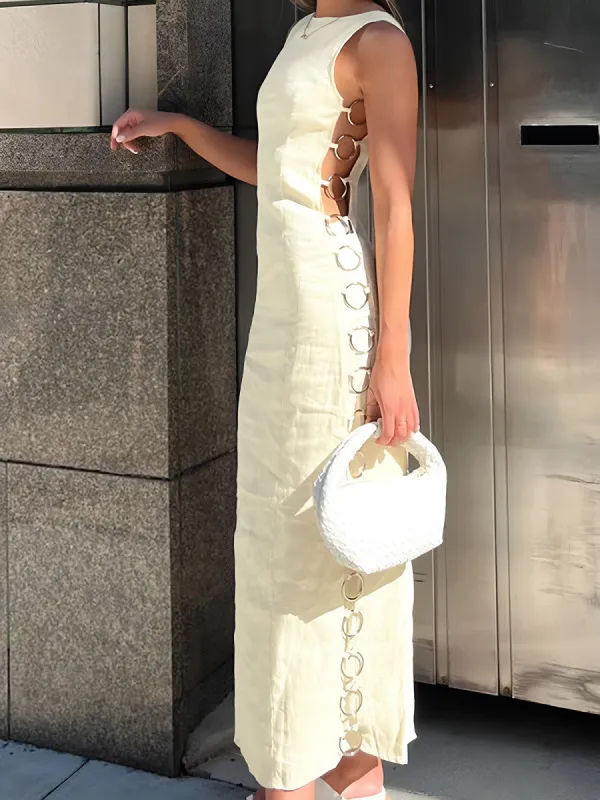 Metallic O-Ring Cutout Long Dress sold by COMMENSE