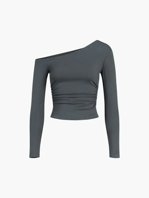 Asymmetric Off Shoulder Long Sleeve Crop Top sold by COMMENSE