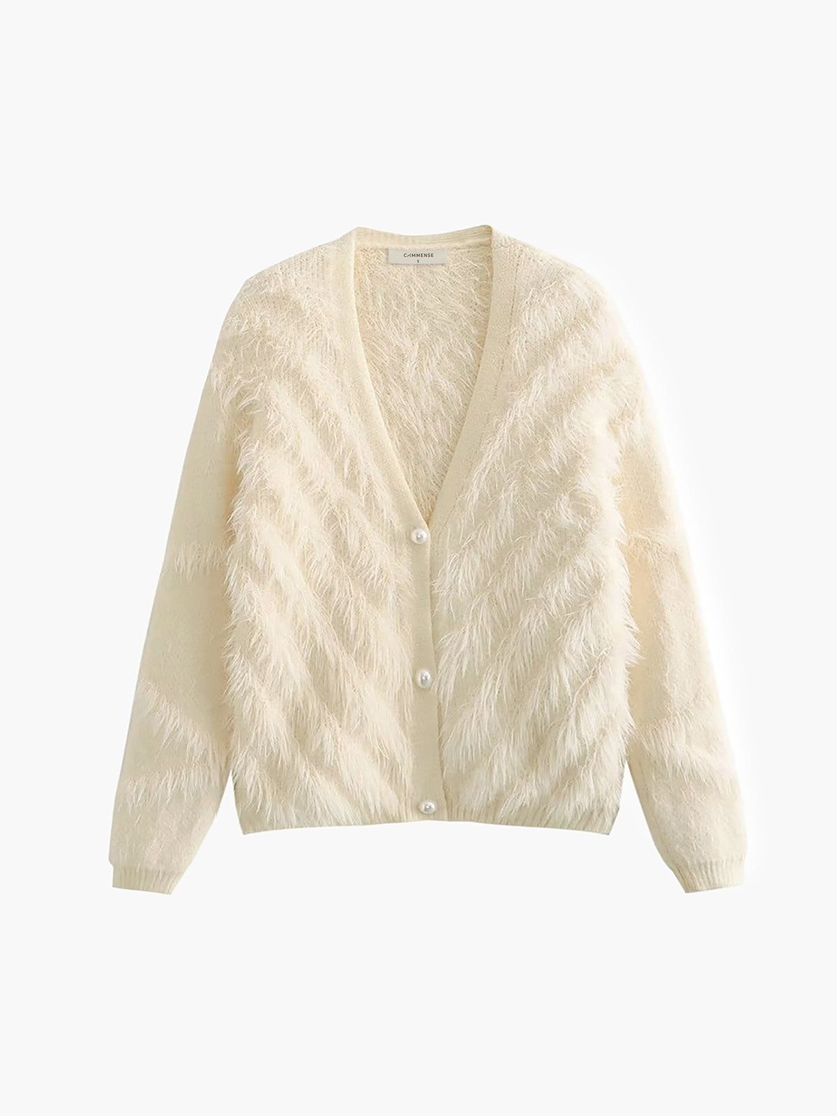 Fuzzy Pearl Button Parallel Texture Cardigan sold by COMMENSE