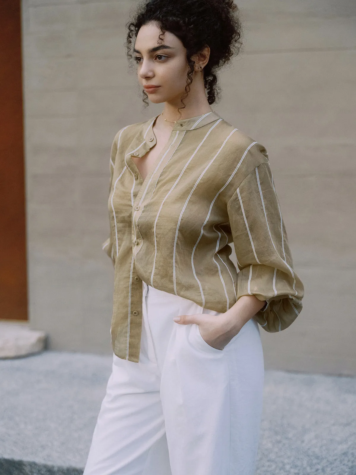 Striped Mesh Button Up Bishop Sleeve Shirt sold by COMMENSE product image thumbnail 3