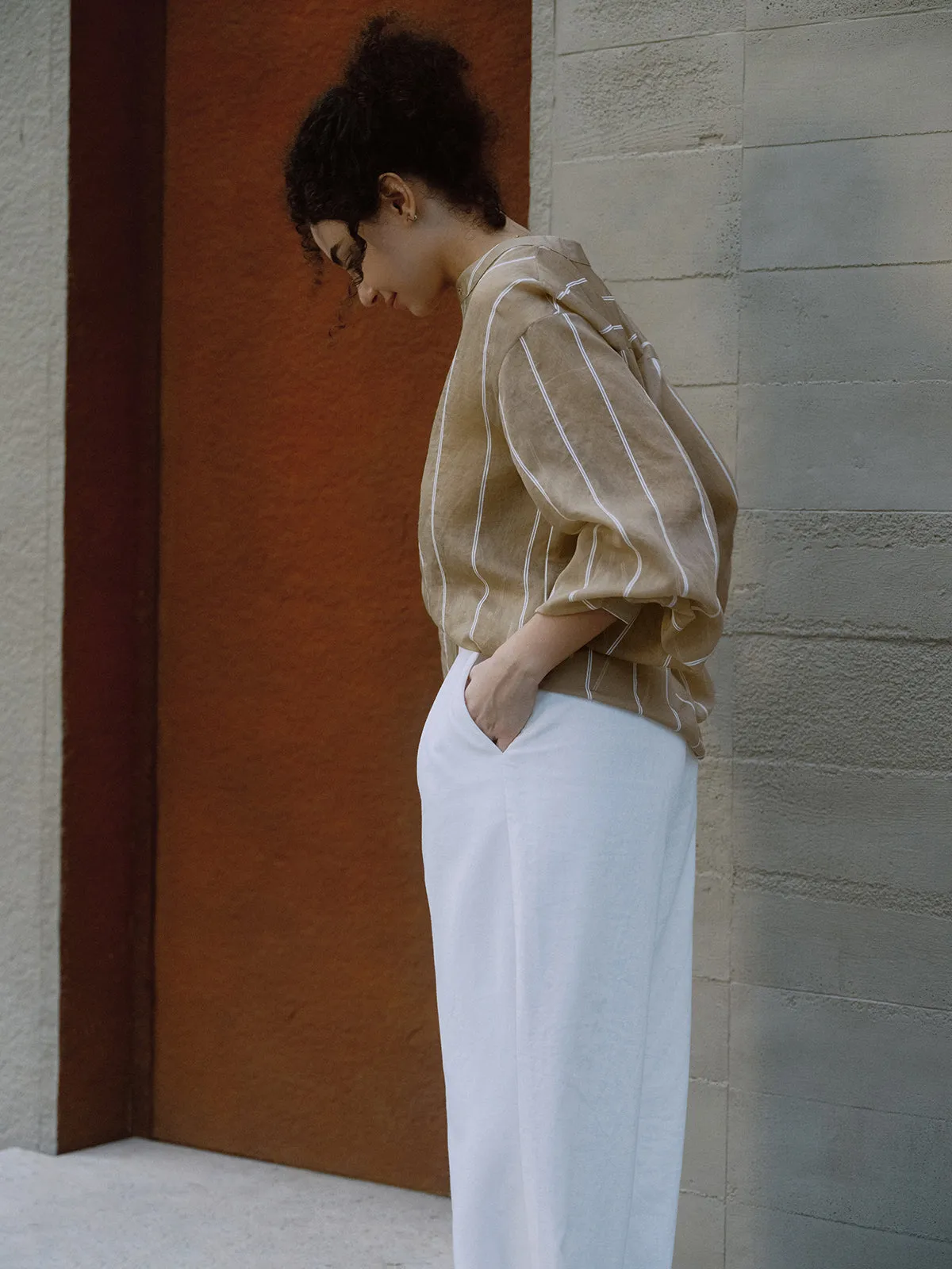 Striped Mesh Button Up Bishop Sleeve Shirt sold by COMMENSE product image thumbnail 4