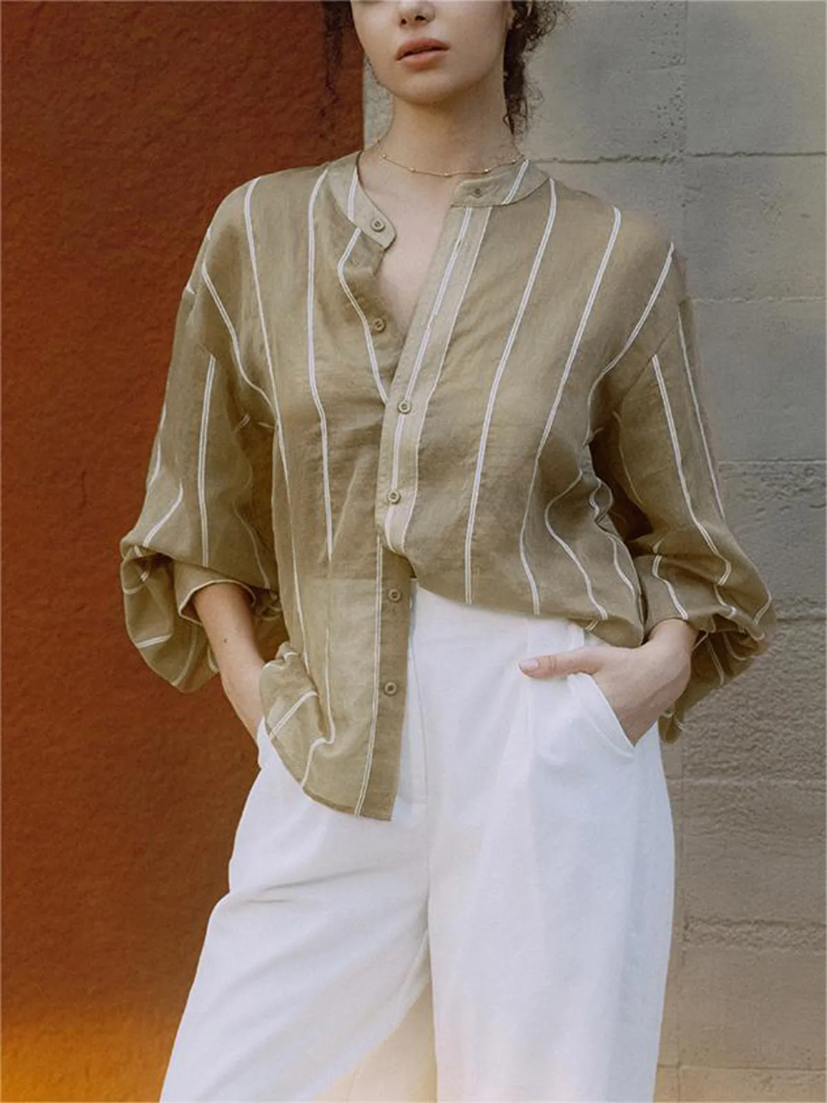 Striped Mesh Button Up Bishop Sleeve Shirt sold by COMMENSE