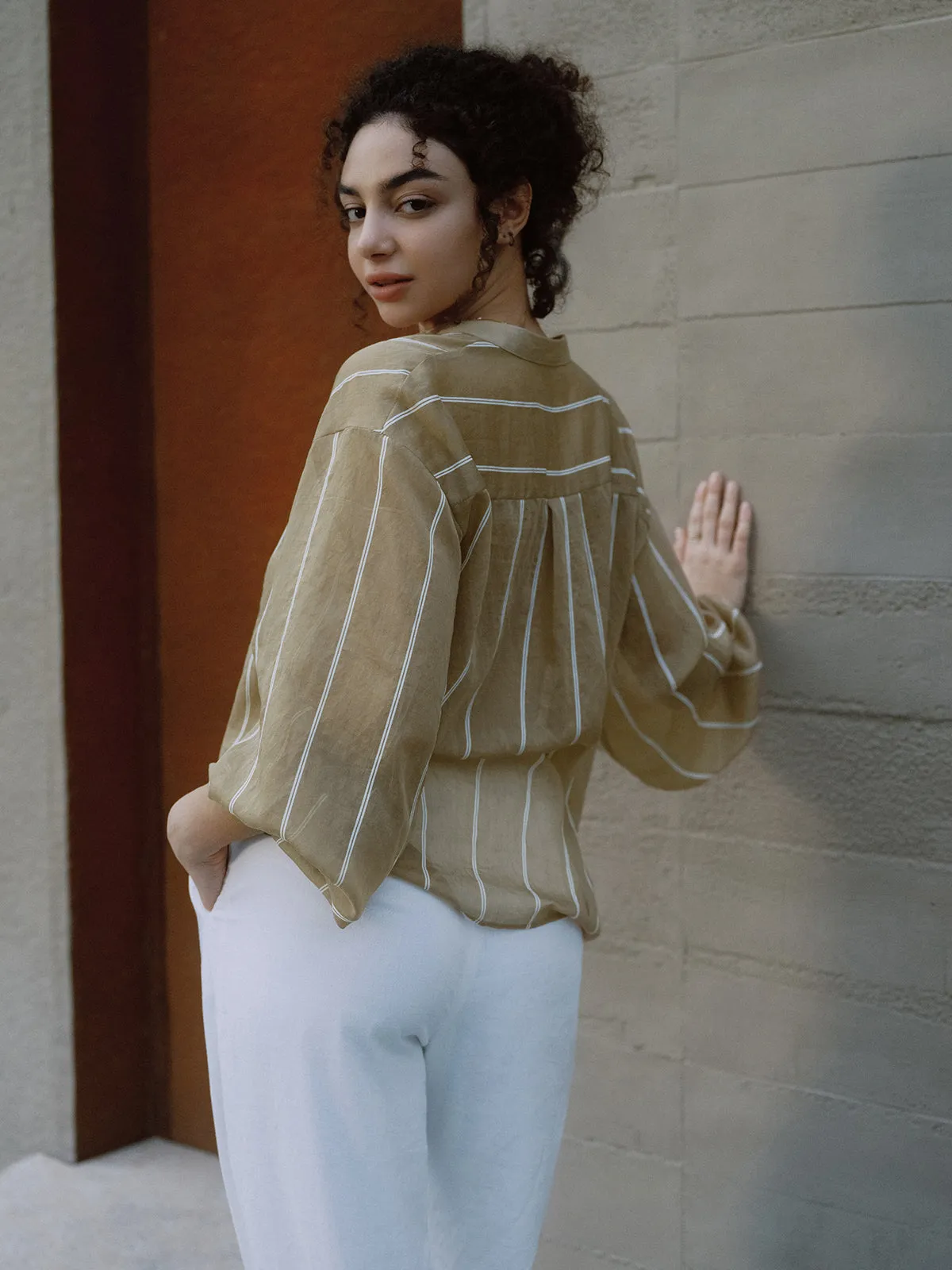 Striped Mesh Button Up Bishop Sleeve Shirt sold by COMMENSE product image thumbnail 5