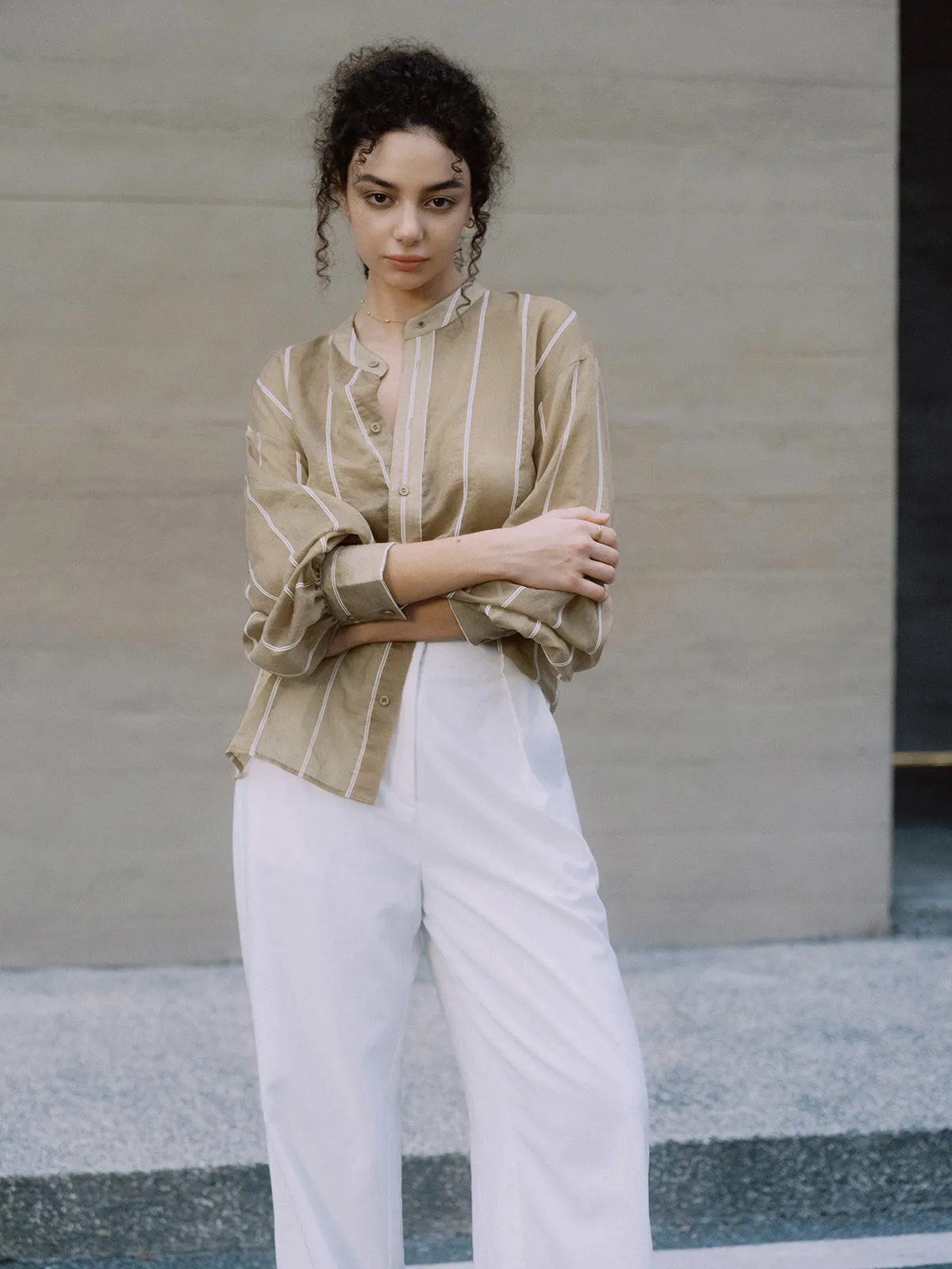 Striped Mesh Button Up Bishop Sleeve Shirt sold by COMMENSE product image thumbnail 2