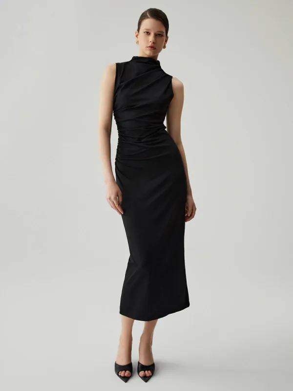 Mock Neck Sleeveless Split Ruched Long Dress made by COMMENSE