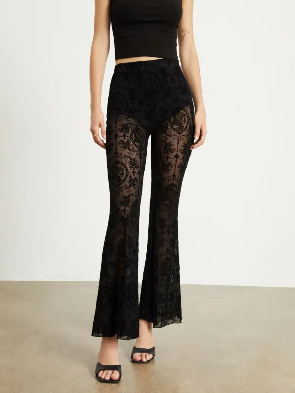 Floral Mesh Velvet Flare Pants sold by COMMENSE
