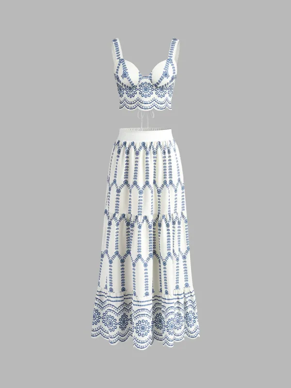 Embroidered Sleeveless Tie Back Skirt Set sold by COMMENSE