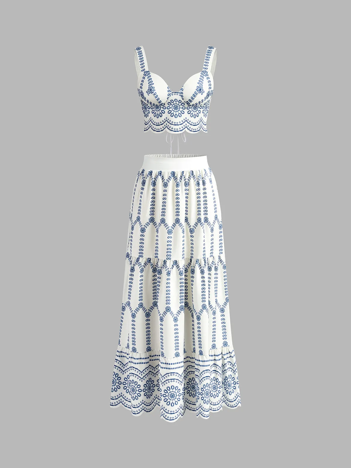 Embroidered Sleeveless Tie Back Skirt Set sold by COMMENSE