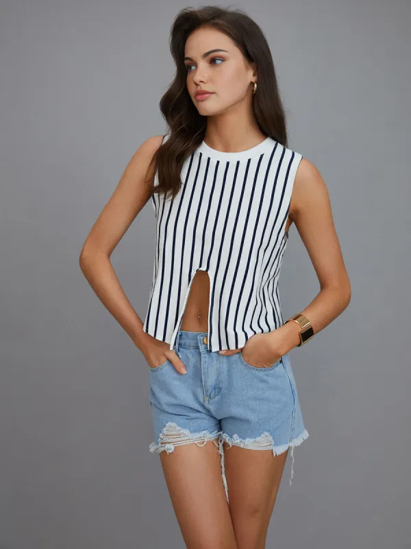 Striped Cutout Tank Top sold by COMMENSE