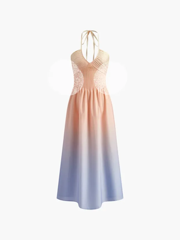 Pleated V-Neck Gradient Halter Dress sold by COMMENSE