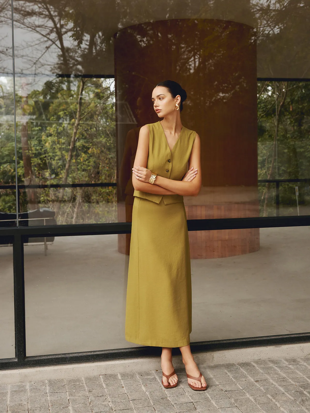 Effortlessly Linen Chic Solid Tailored Maxi Skirt sold by COMMENSE